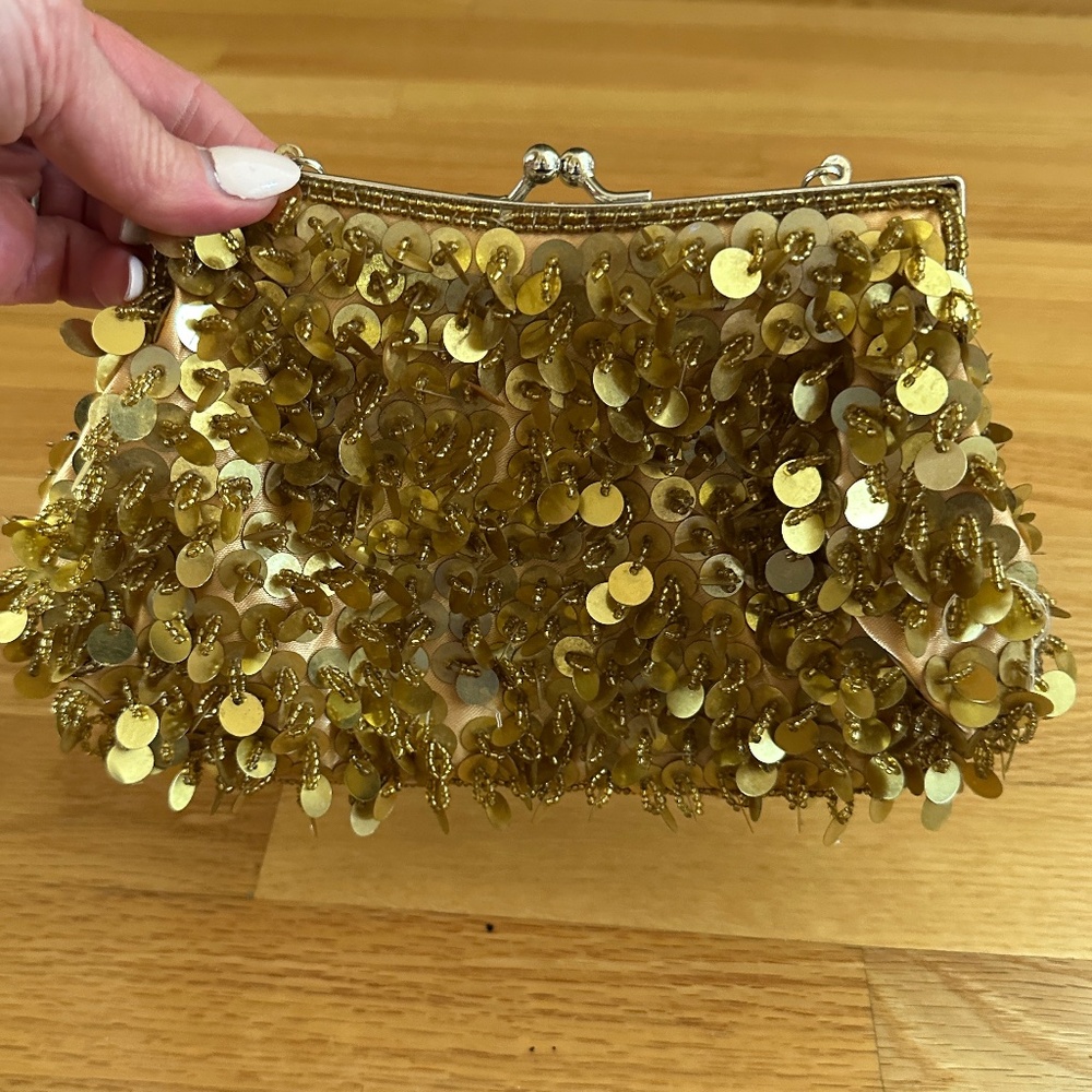 Gold Beaded Evening Bag with Chain Strap
